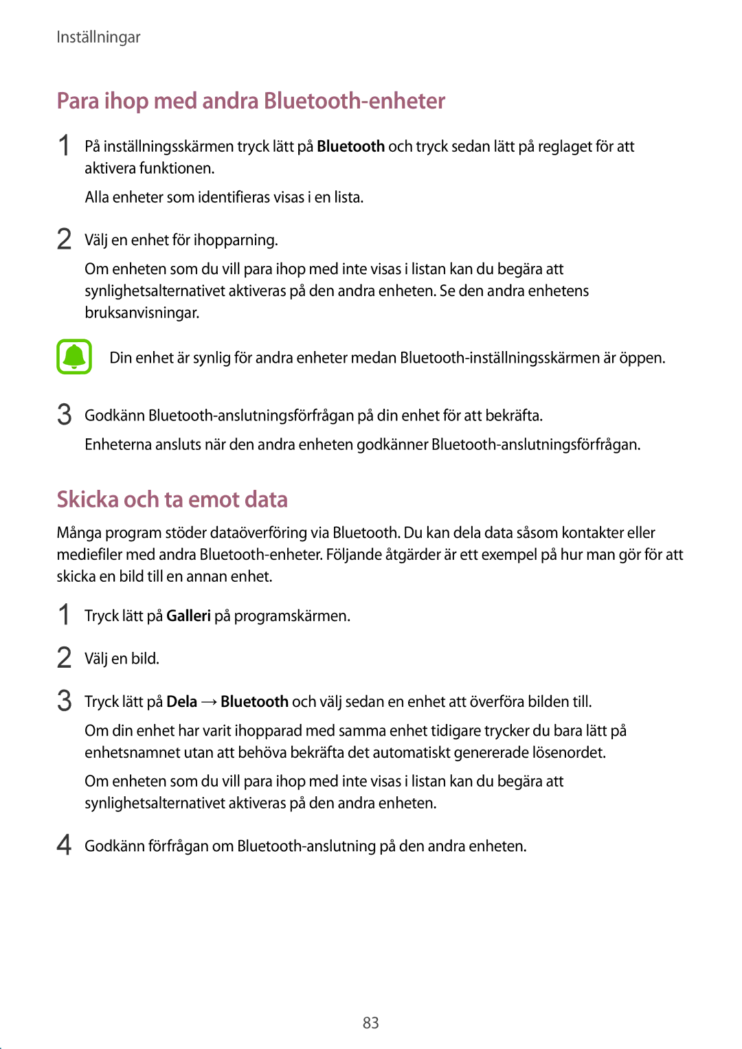 Samsung SM-A510FZDANEE, SM-A510FZKANEE, SM-A510FZWANEE manual Para ihop med andra Bluetooth-enheter, Skicka och ta emot data 