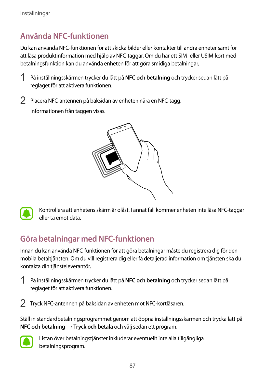 Samsung SM-A510FZKANEE, SM-A510FZWANEE, SM-A510FZDANEE manual Använda NFC-funktionen, Göra betalningar med NFC-funktionen 