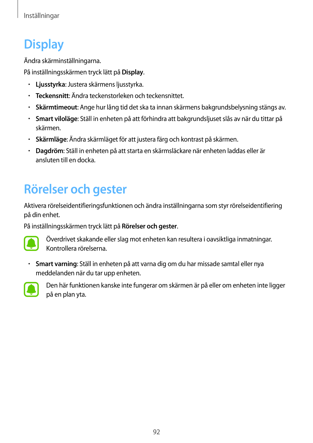 Samsung SM-A510FZDANEE, SM-A510FZKANEE, SM-A510FZWANEE manual Display, Rörelser och gester 