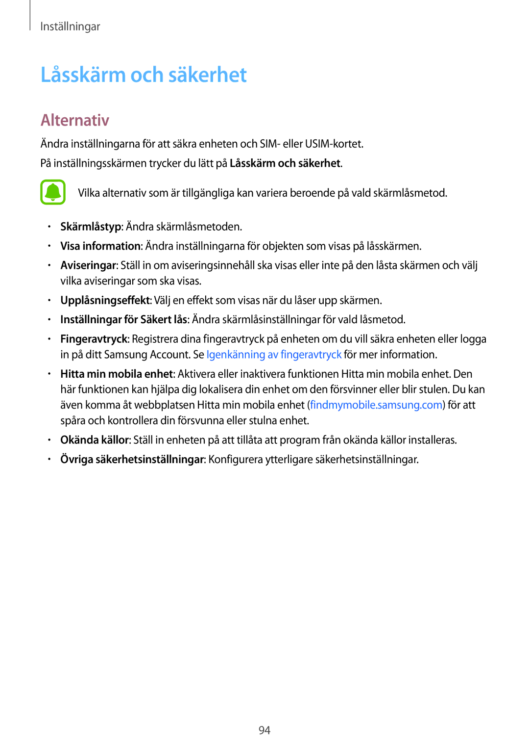 Samsung SM-A510FZWANEE, SM-A510FZKANEE, SM-A510FZDANEE manual Låsskärm och säkerhet, Alternativ 