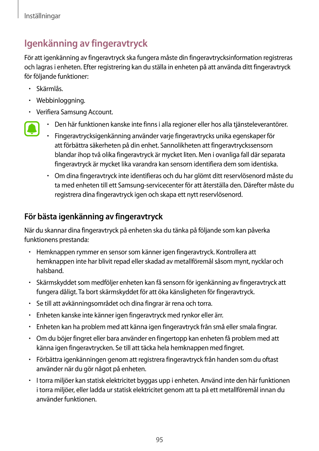 Samsung SM-A510FZDANEE, SM-A510FZKANEE, SM-A510FZWANEE Igenkänning av fingeravtryck, För bästa igenkänning av fingeravtryck 