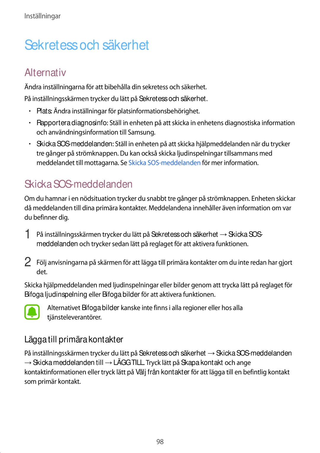 Samsung SM-A510FZDANEE, SM-A510FZKANEE Sekretess och säkerhet, Skicka SOS-meddelanden, Lägga till primära kontakter, Det 