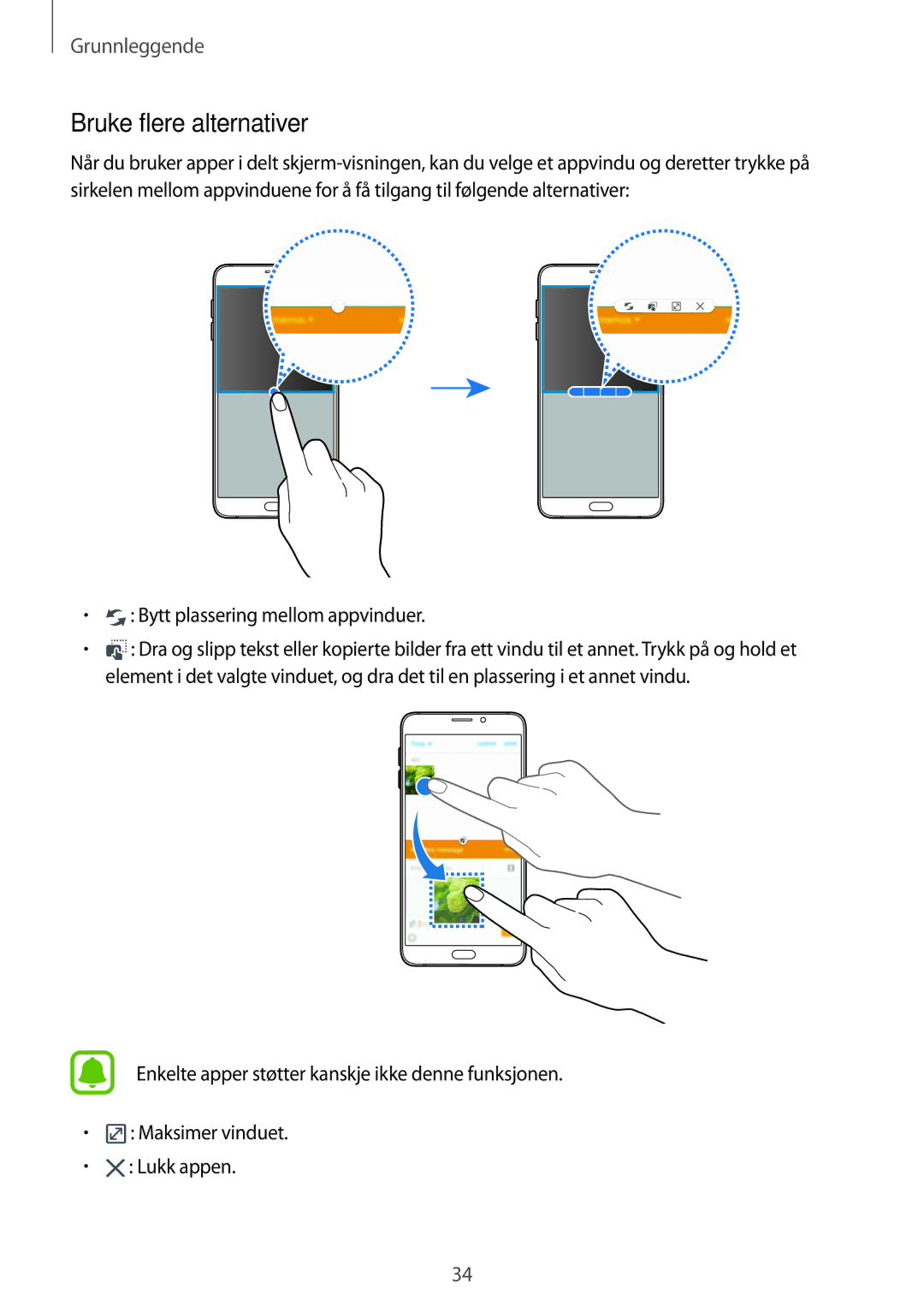 Samsung SM-A510FZWANEE, SM-A510FZKANEE, SM-A510FZDANEE manual Bruke flere alternativer, Bytt plassering mellom appvinduer 