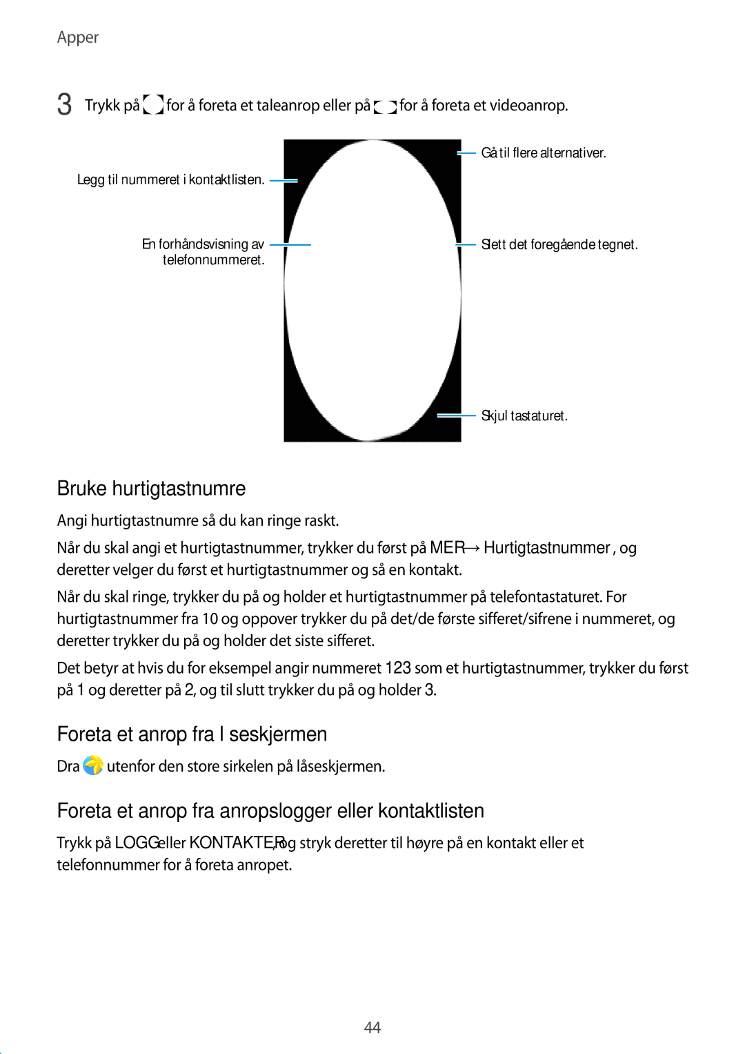 Samsung SM-A510FZDANEE, SM-A510FZKANEE, SM-A510FZWANEE manual Bruke hurtigtastnumre, Foreta et anrop fra låseskjermen 