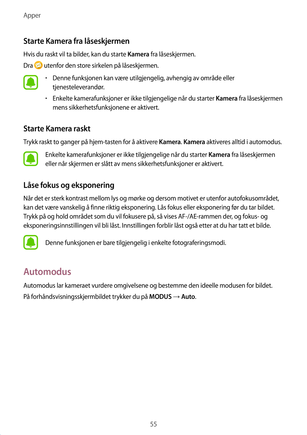 Samsung SM-A510FZWANEE manual Automodus, Starte Kamera fra låseskjermen, Starte Kamera raskt, Låse fokus og eksponering 