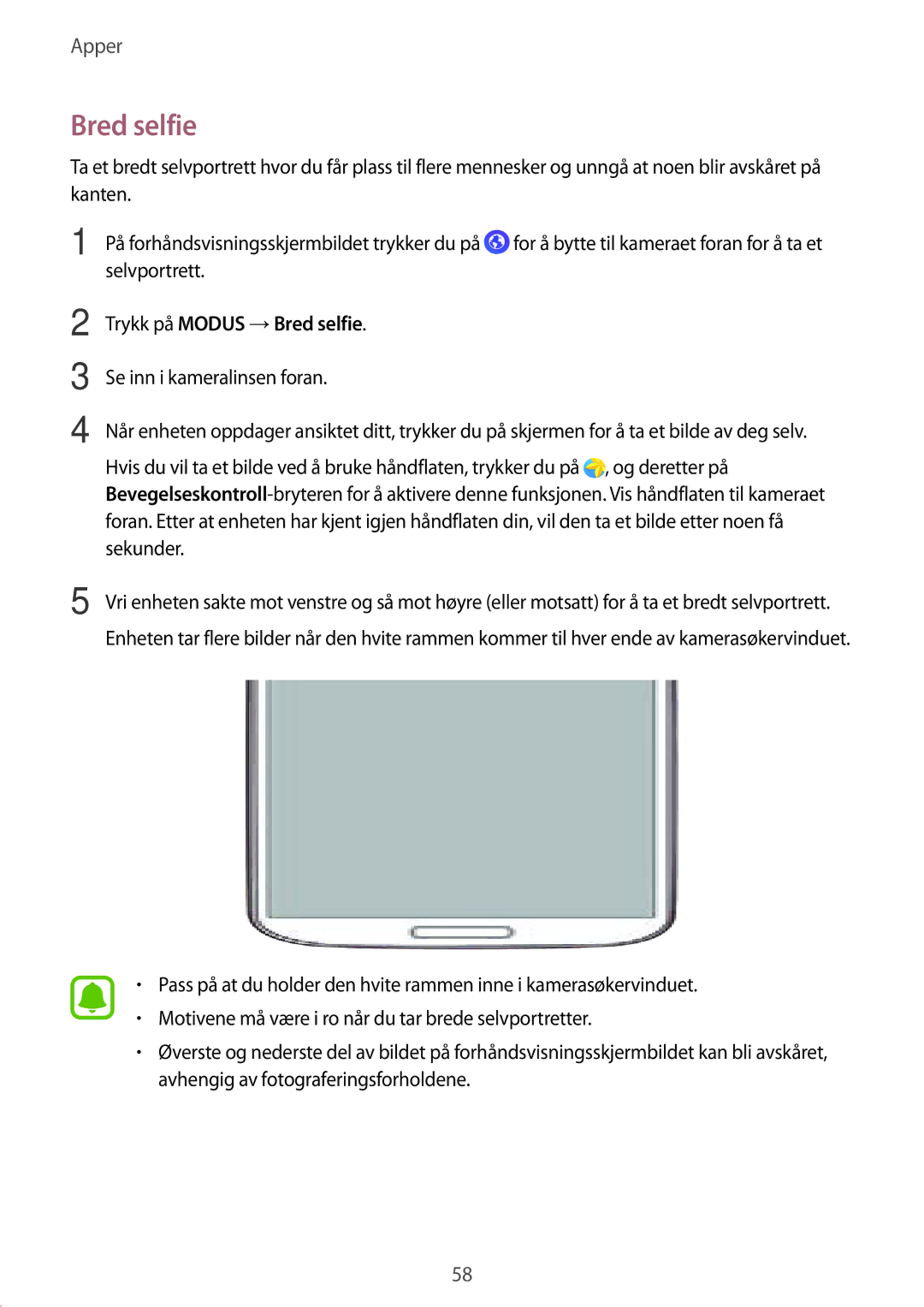 Samsung SM-A510FZWANEE, SM-A510FZKANEE, SM-A510FZDANEE manual Trykk på Modus →Bred selfie 