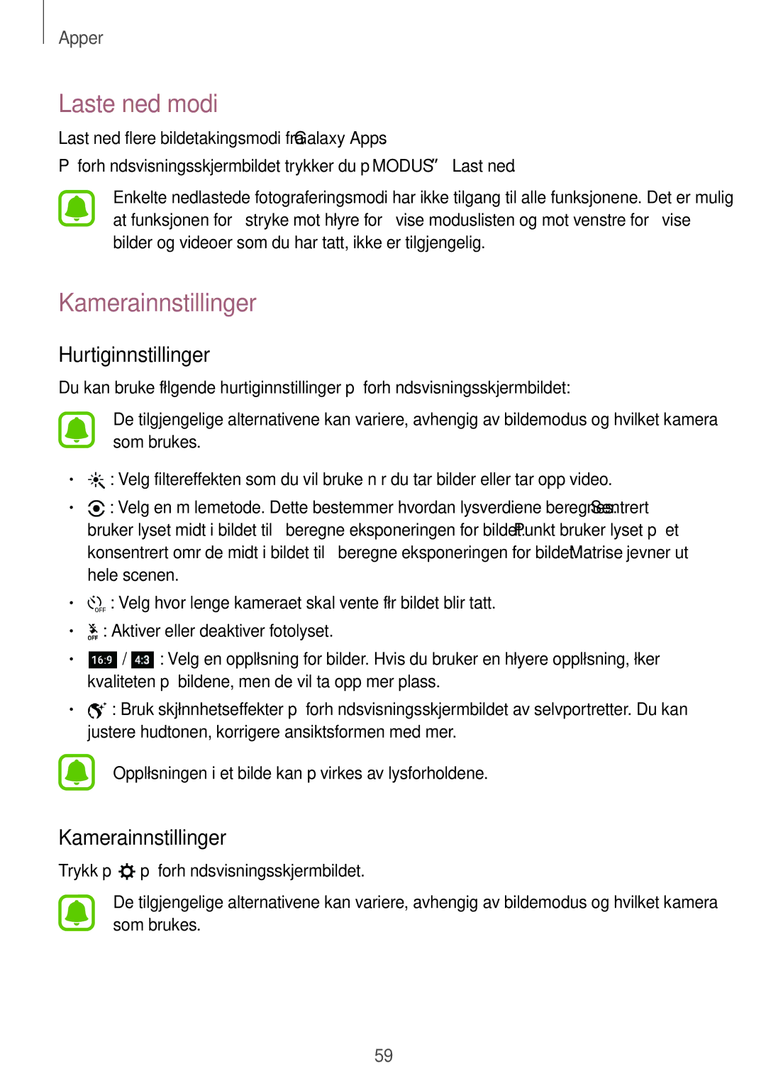 Samsung SM-A510FZDANEE, SM-A510FZKANEE, SM-A510FZWANEE manual Laste ned modi, Kamerainnstillinger, Hurtiginnstillinger 