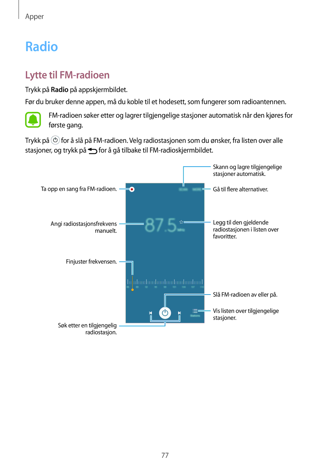 Samsung SM-A510FZDANEE, SM-A510FZKANEE, SM-A510FZWANEE manual Radio, Lytte til FM-radioen 