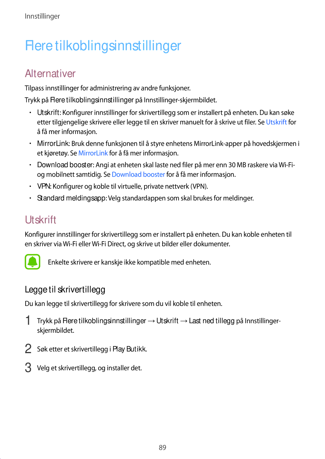 Samsung SM-A510FZDANEE, SM-A510FZKANEE Flere tilkoblingsinnstillinger, Alternativer, Utskrift, Legge til skrivertillegg 