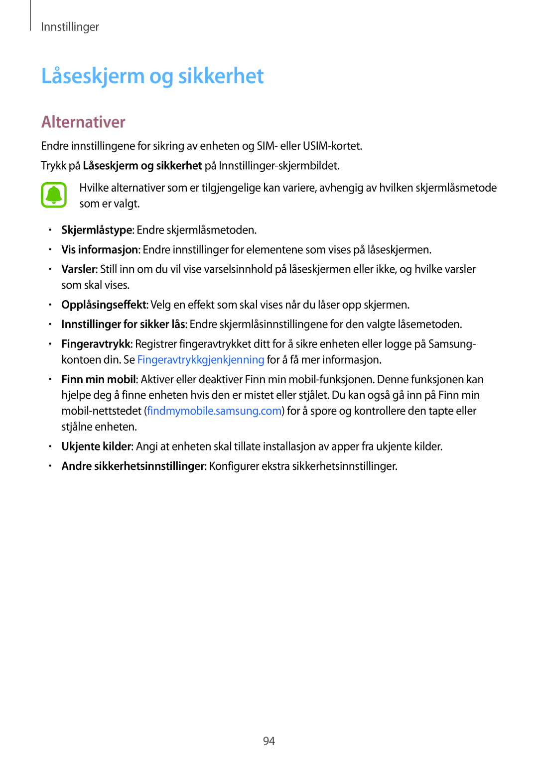 Samsung SM-A510FZWANEE, SM-A510FZKANEE, SM-A510FZDANEE manual Låseskjerm og sikkerhet, Alternativer 