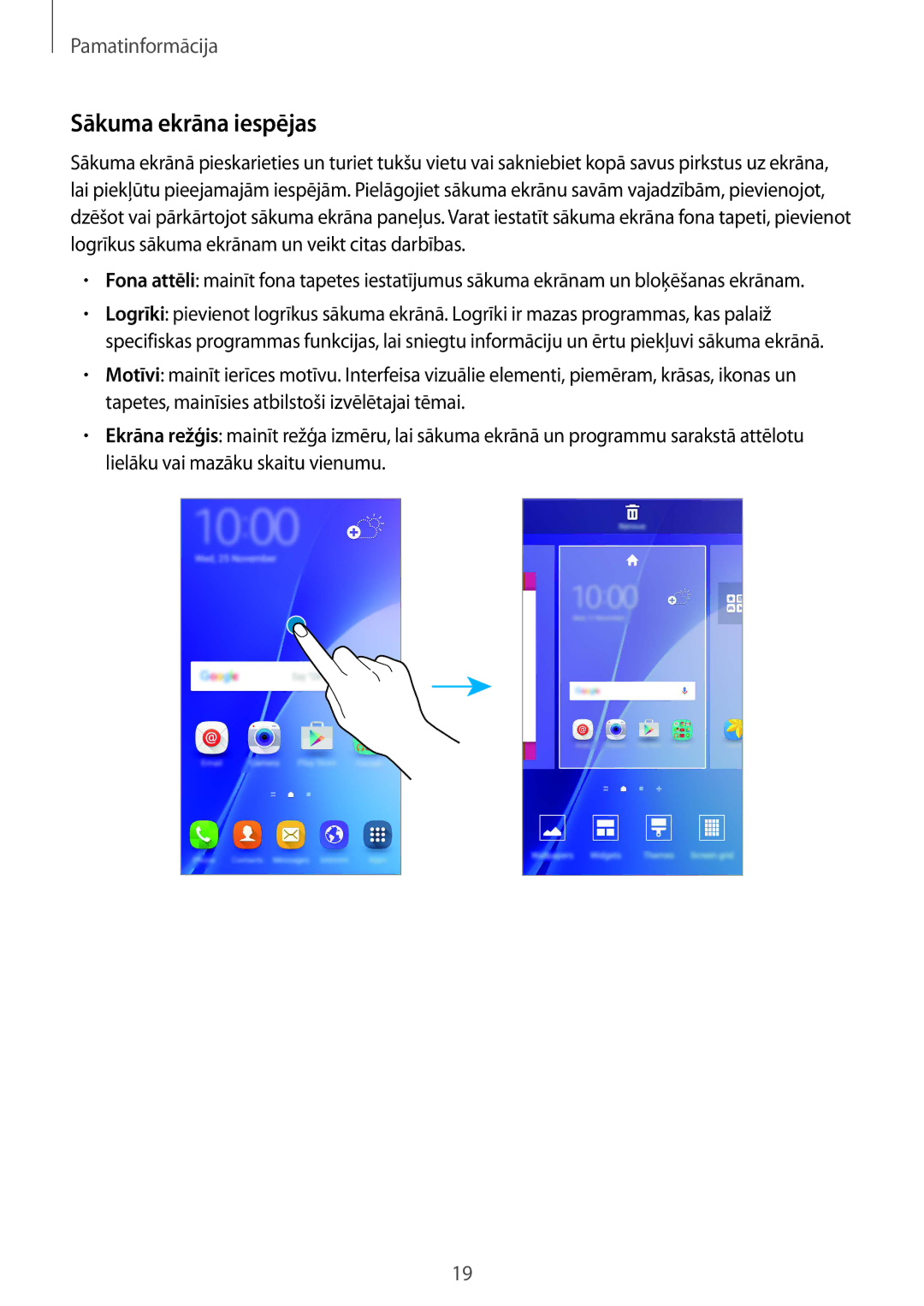 Samsung SM-A510FZDASEB, SM-A510FZKASEB manual Sākuma ekrāna iespējas 