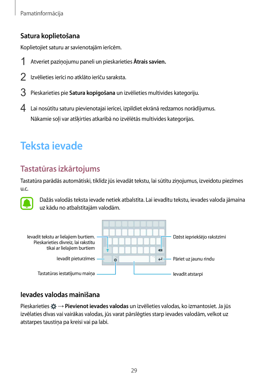 Samsung SM-A510FZDASEB manual Teksta ievade, Tastatūras izkārtojums, Satura koplietošana, Ievades valodas mainīšana 