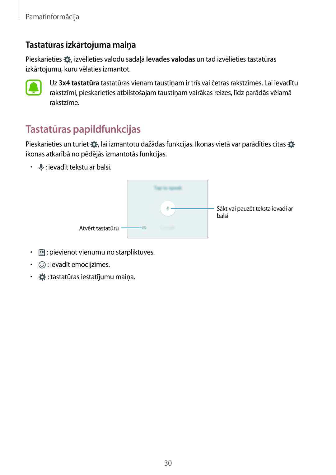 Samsung SM-A510FZKASEB, SM-A510FZDASEB manual Tastatūras papildfunkcijas, Tastatūras izkārtojuma maiņa 