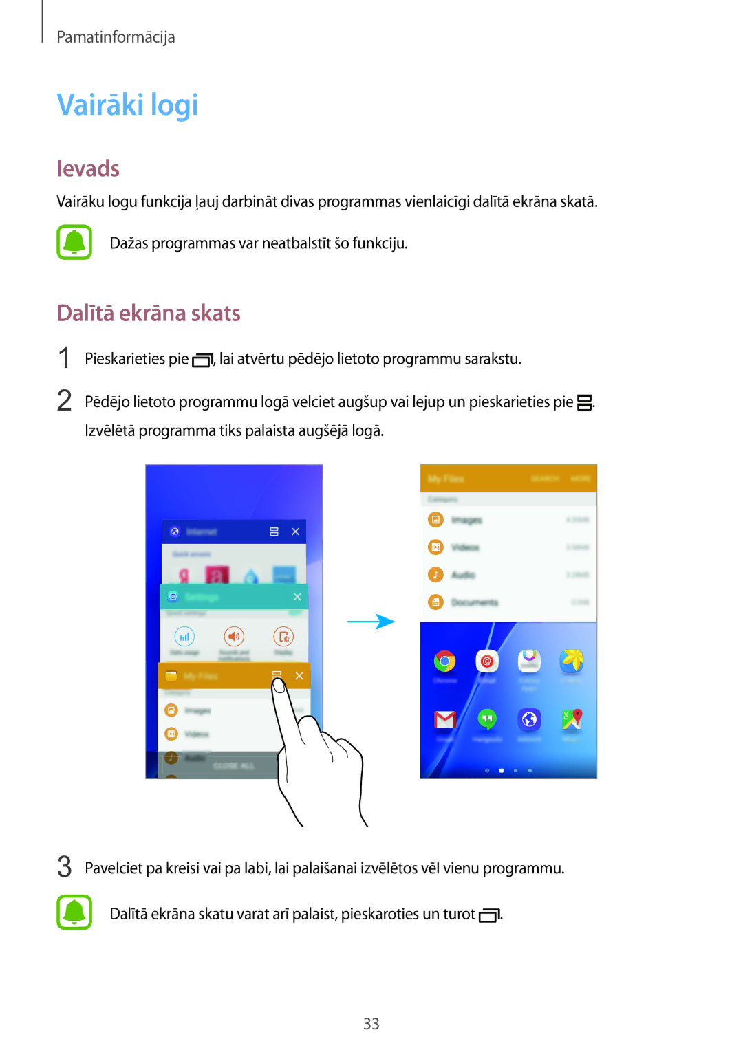 Samsung SM-A510FZDASEB, SM-A510FZKASEB manual Vairāki logi, Ievads, Dalītā ekrāna skats 