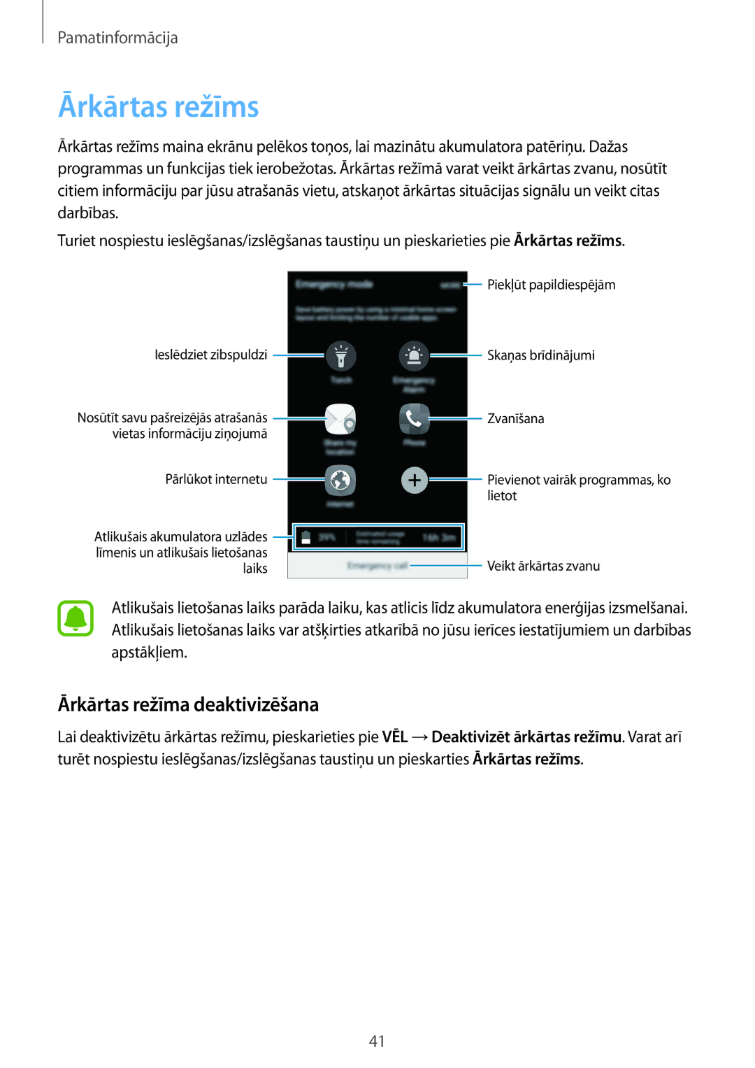 Samsung SM-A510FZDASEB, SM-A510FZKASEB manual Ārkārtas režīms, Ārkārtas režīma deaktivizēšana 