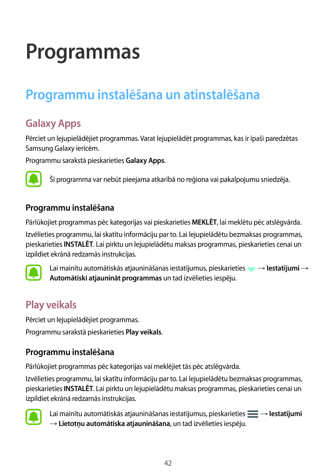 Samsung SM-A510FZKASEB, SM-A510FZDASEB manual Programmu instalēšana un atinstalēšana, Galaxy Apps, Play veikals 