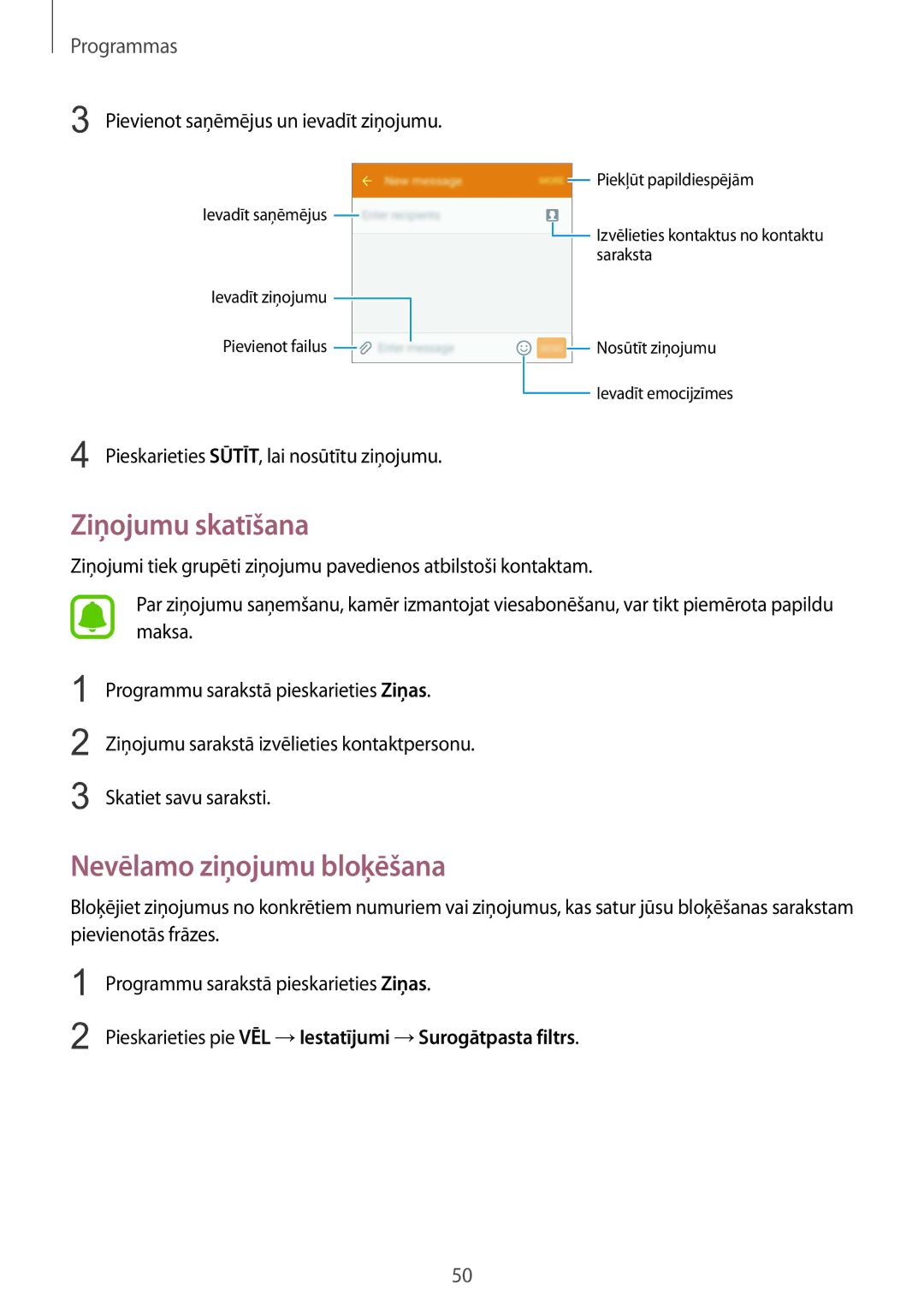 Samsung SM-A510FZKASEB, SM-A510FZDASEB manual Ziņojumu skatīšana, Nevēlamo ziņojumu bloķēšana 