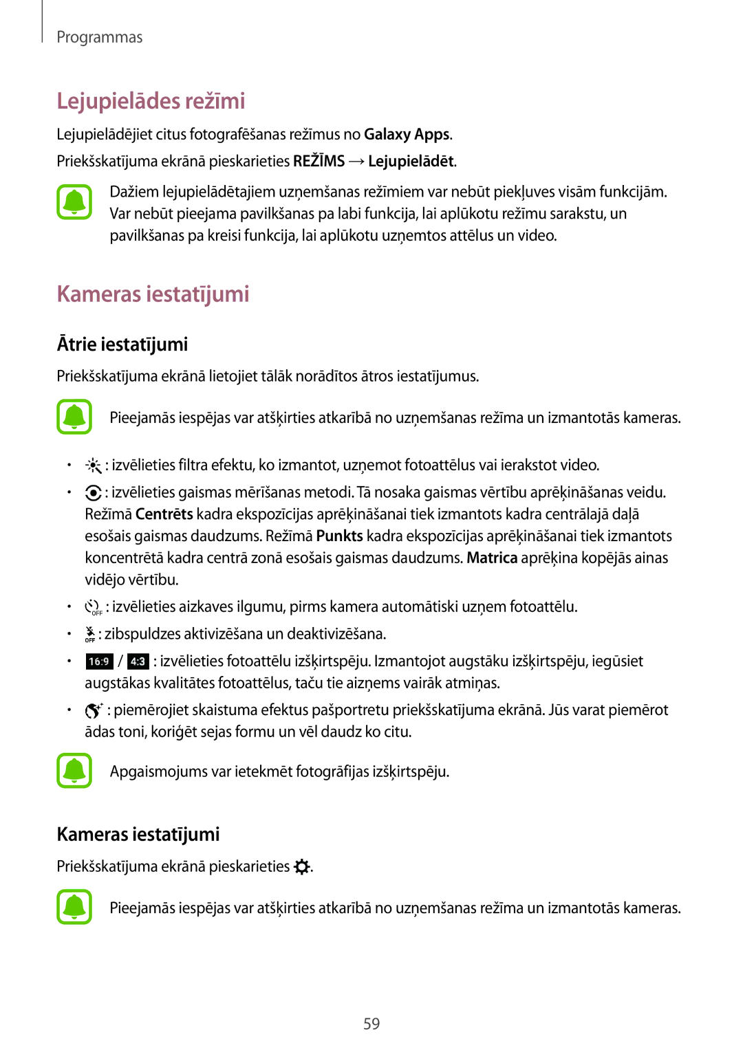 Samsung SM-A510FZDASEB, SM-A510FZKASEB manual Lejupielādes režīmi, Kameras iestatījumi, Ātrie iestatījumi 