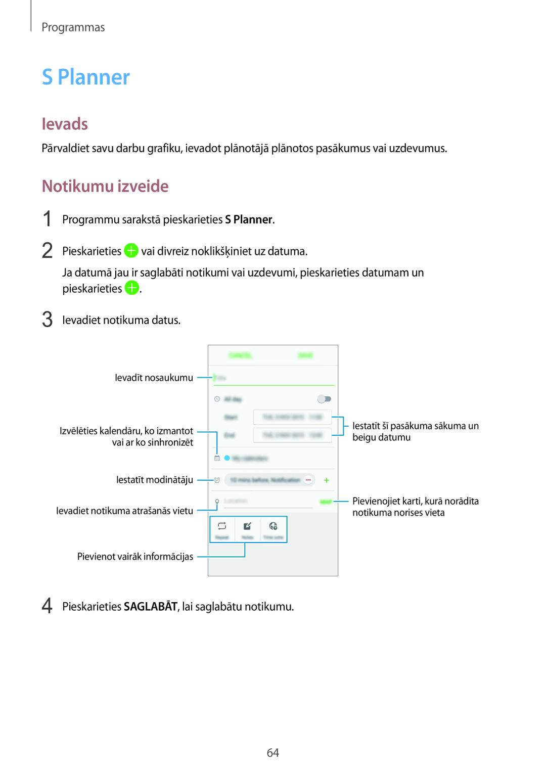 Samsung SM-A510FZKASEB, SM-A510FZDASEB manual Planner, Notikumu izveide 