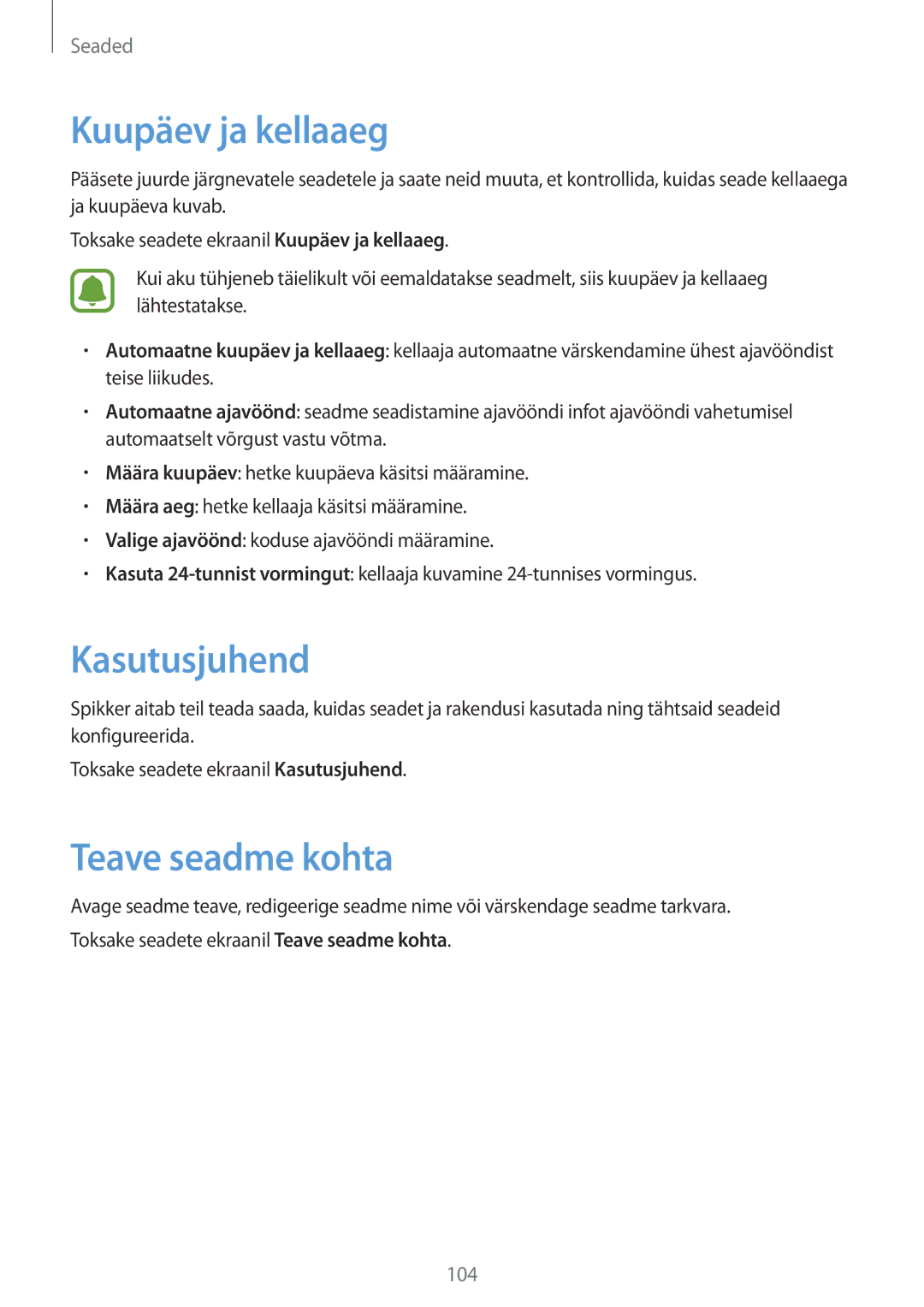 Samsung SM-A510FZKASEB, SM-A510FZDASEB manual Kuupäev ja kellaaeg, Kasutusjuhend, Teave seadme kohta 