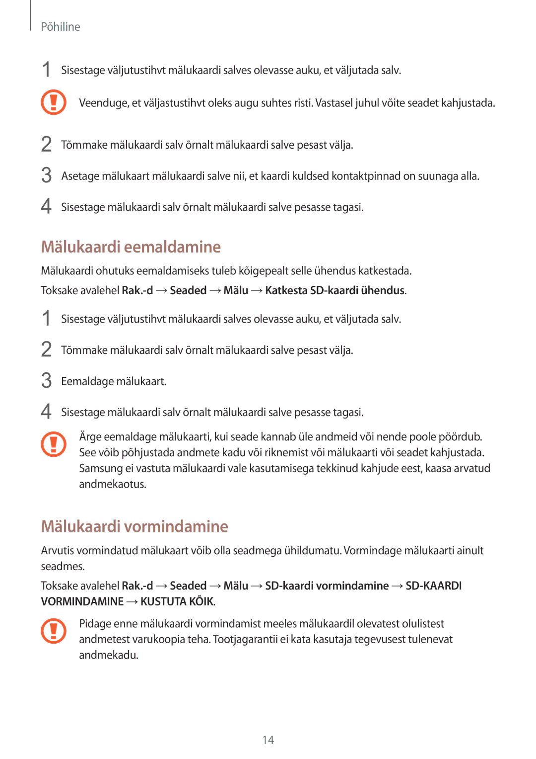 Samsung SM-A510FZKASEB, SM-A510FZDASEB manual Mälukaardi eemaldamine, Mälukaardi vormindamine 