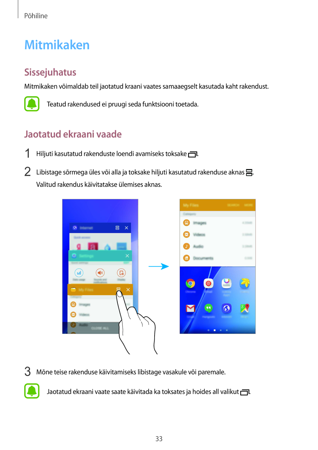 Samsung SM-A510FZDASEB, SM-A510FZKASEB manual Mitmikaken, Sissejuhatus, Jaotatud ekraani vaade 