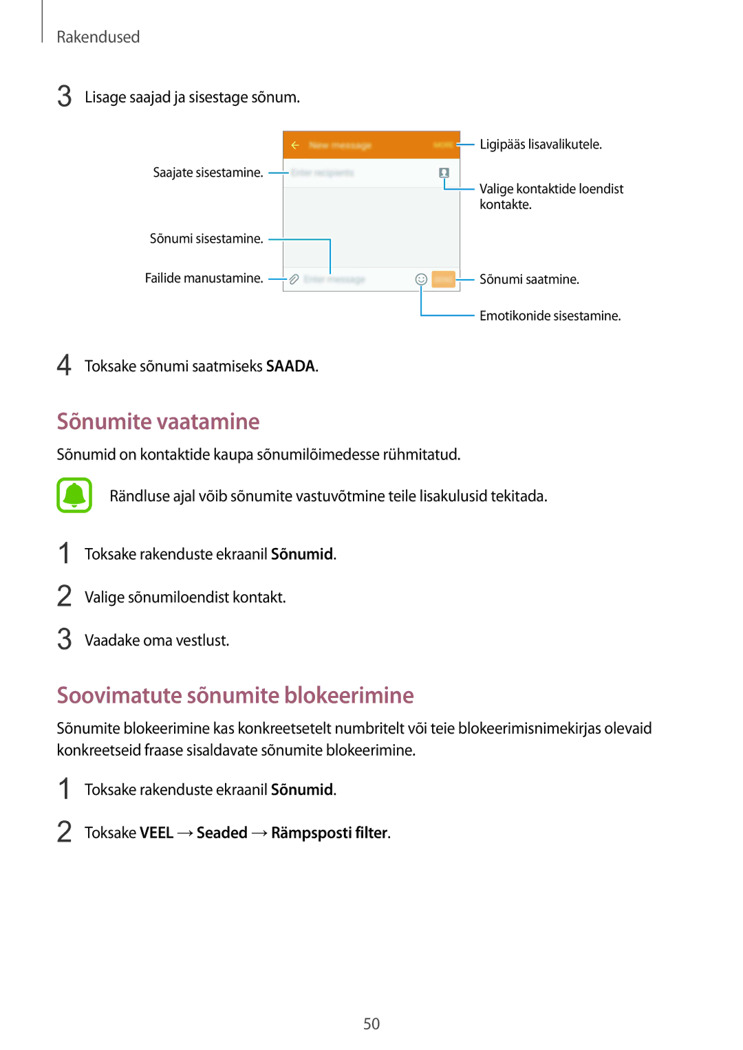 Samsung SM-A510FZKASEB Sõnumite vaatamine, Soovimatute sõnumite blokeerimine, Toksake Veel →Seaded →Rämpsposti filter 