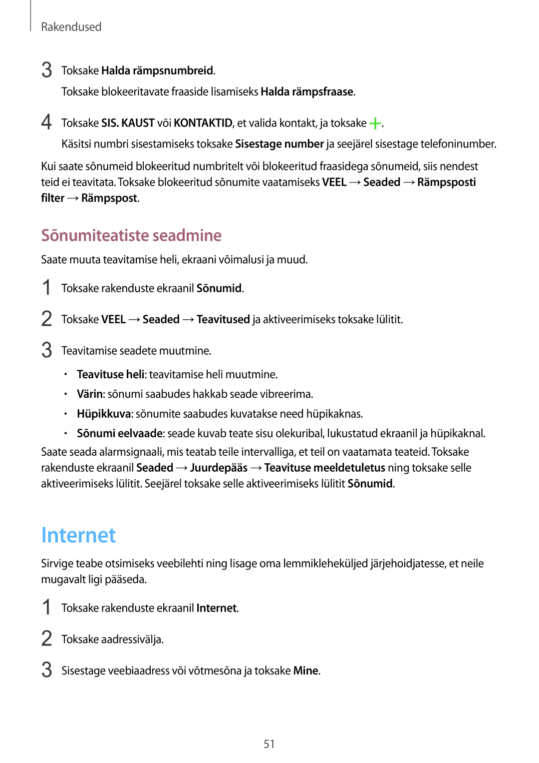 Samsung SM-A510FZDASEB, SM-A510FZKASEB manual Internet, Sõnumiteatiste seadmine, Toksake Halda rämpsnumbreid 