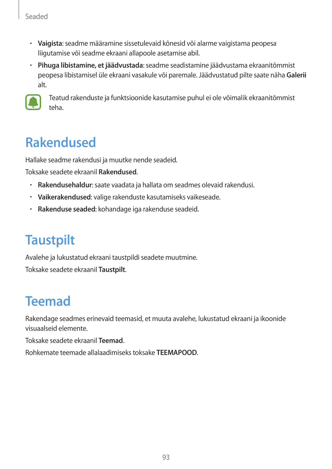 Samsung SM-A510FZDASEB, SM-A510FZKASEB manual Rakendused, Taustpilt, Teemad 