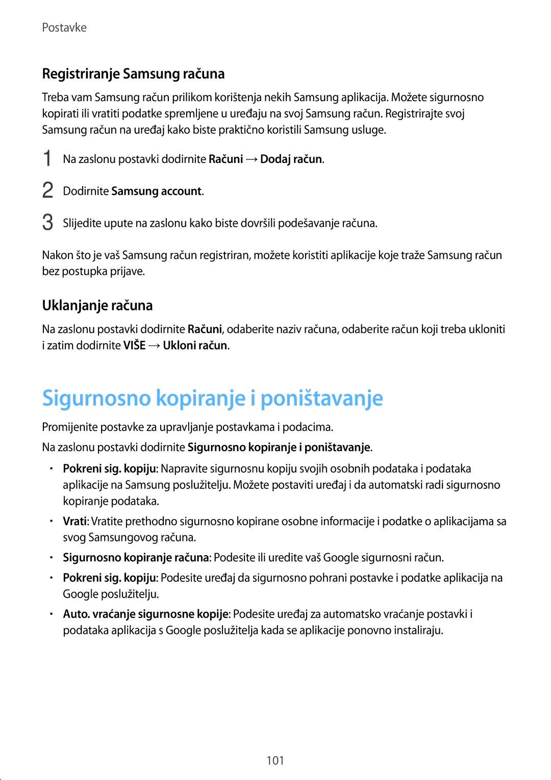 Samsung SM-A510FZKASEE manual Sigurnosno kopiranje i poništavanje, Registriranje Samsung računa, Uklanjanje računa 