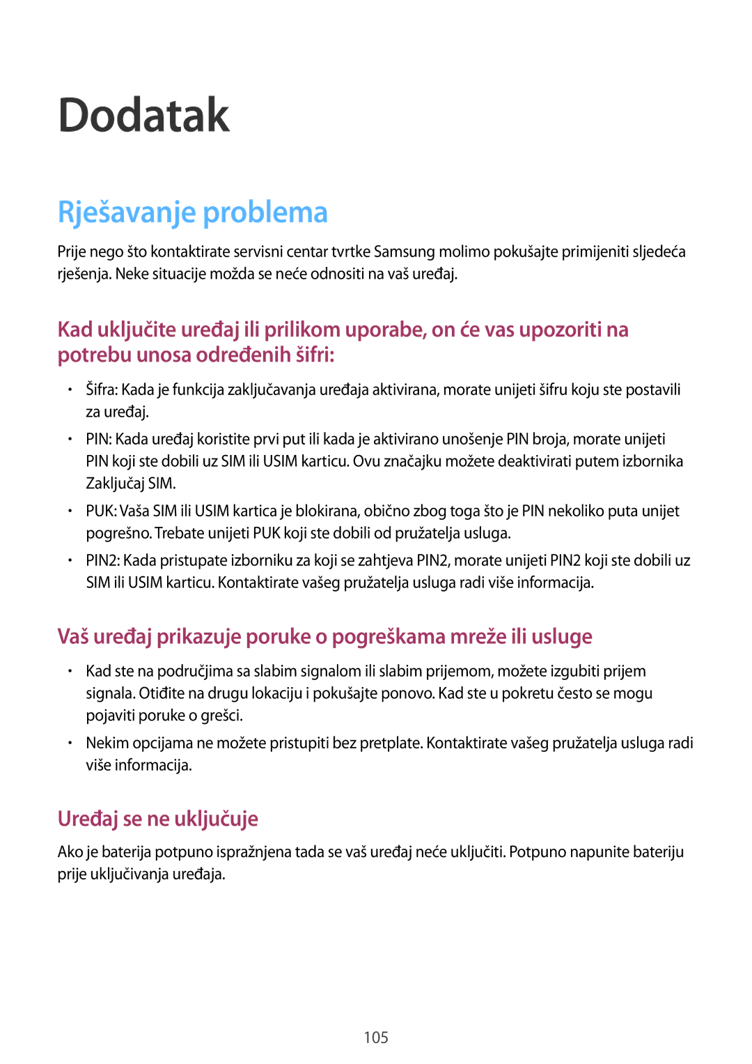 Samsung SM-A510FZKASEE manual Dodatak, Rješavanje problema 