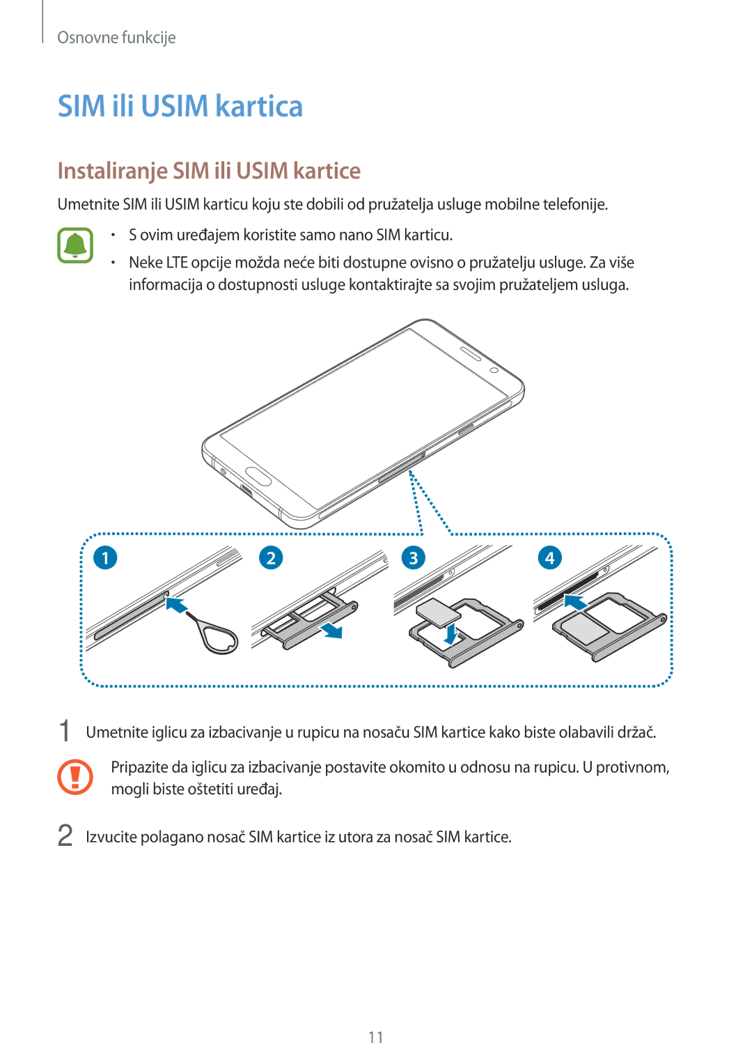 Samsung SM-A510FZKASEE manual SIM ili Usim kartica, Instaliranje SIM ili Usim kartice 