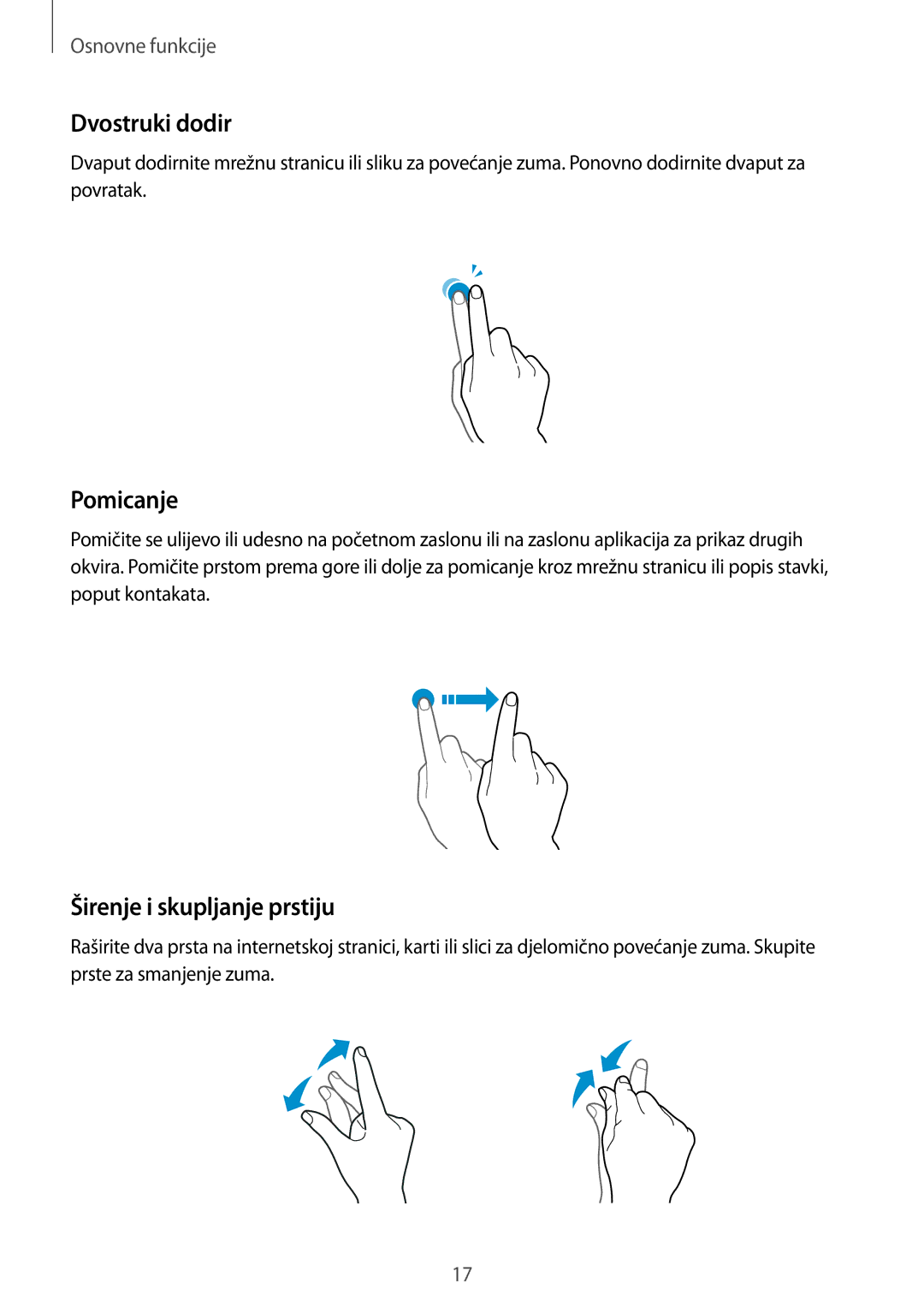 Samsung SM-A510FZKASEE manual Dvostruki dodir, Pomicanje, Širenje i skupljanje prstiju 