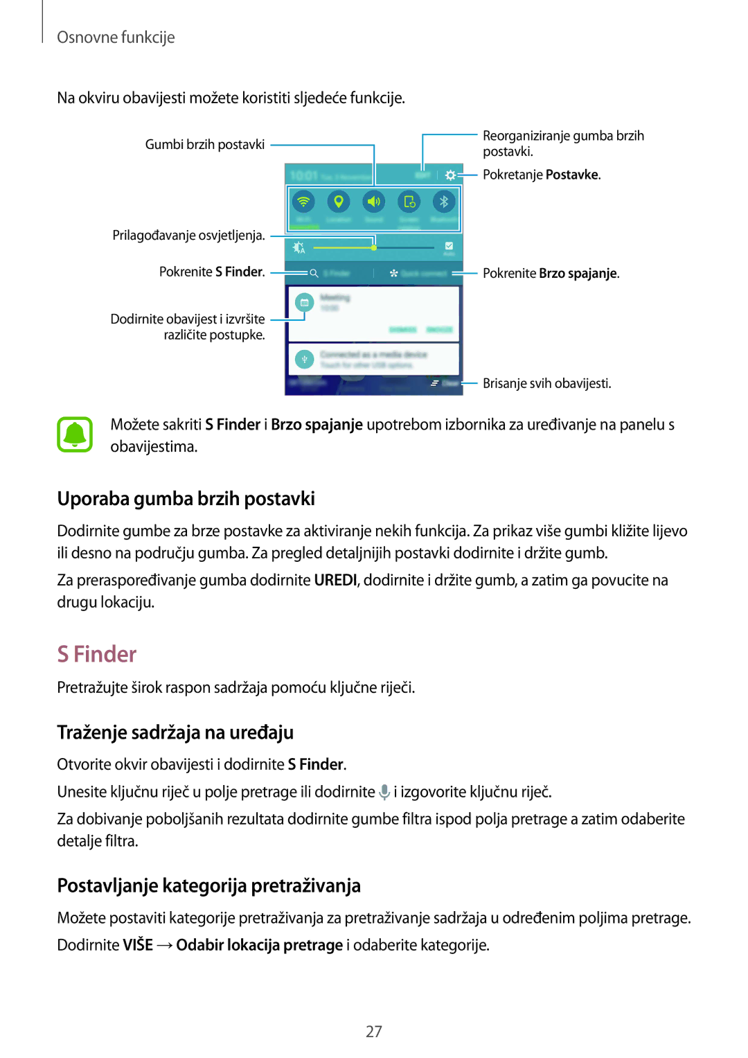 Samsung SM-A510FZKASEE manual Finder, Uporaba gumba brzih postavki, Traženje sadržaja na uređaju 