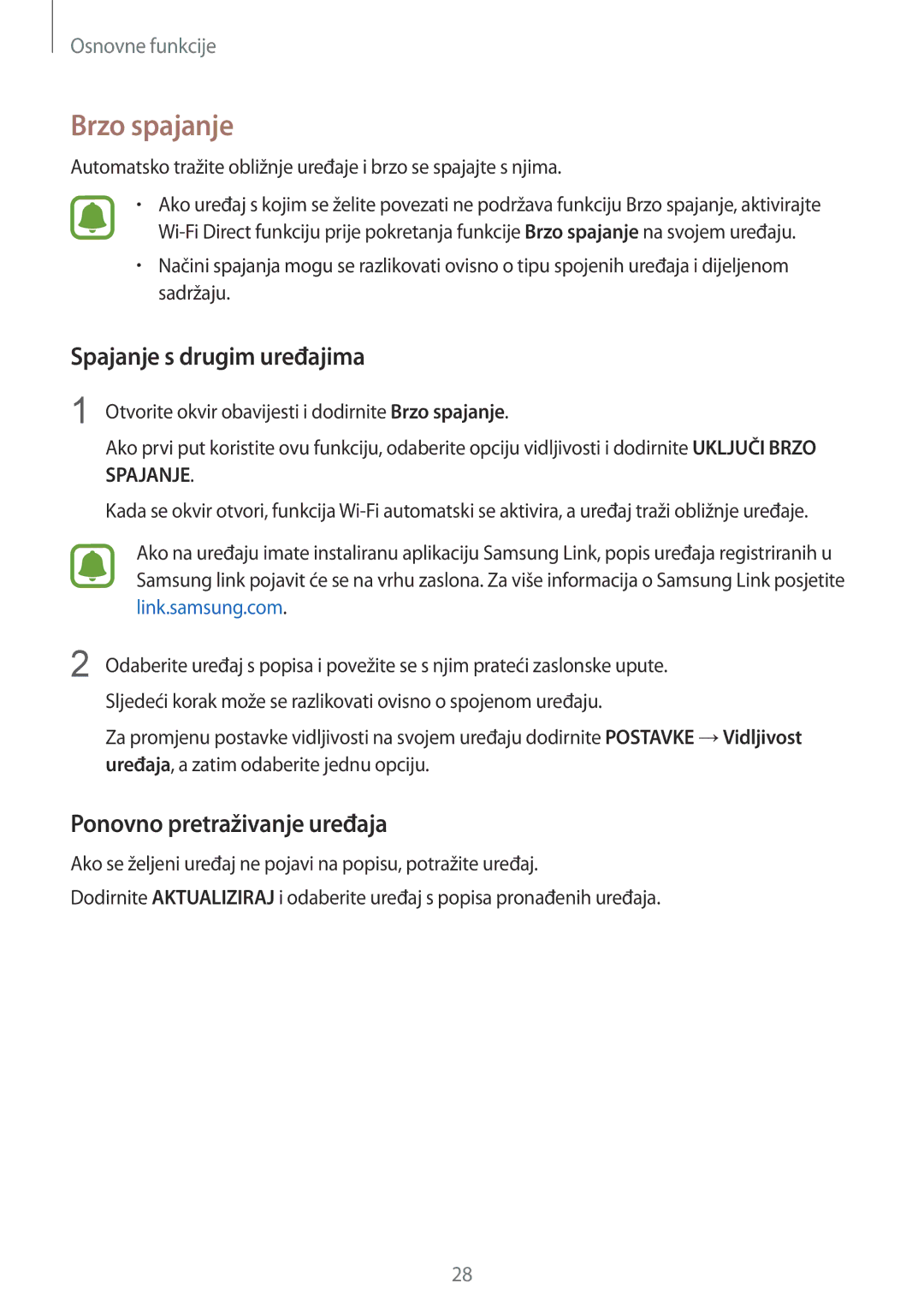 Samsung SM-A510FZKASEE manual Brzo spajanje, Spajanje s drugim uređajima, Ponovno pretraživanje uređaja 