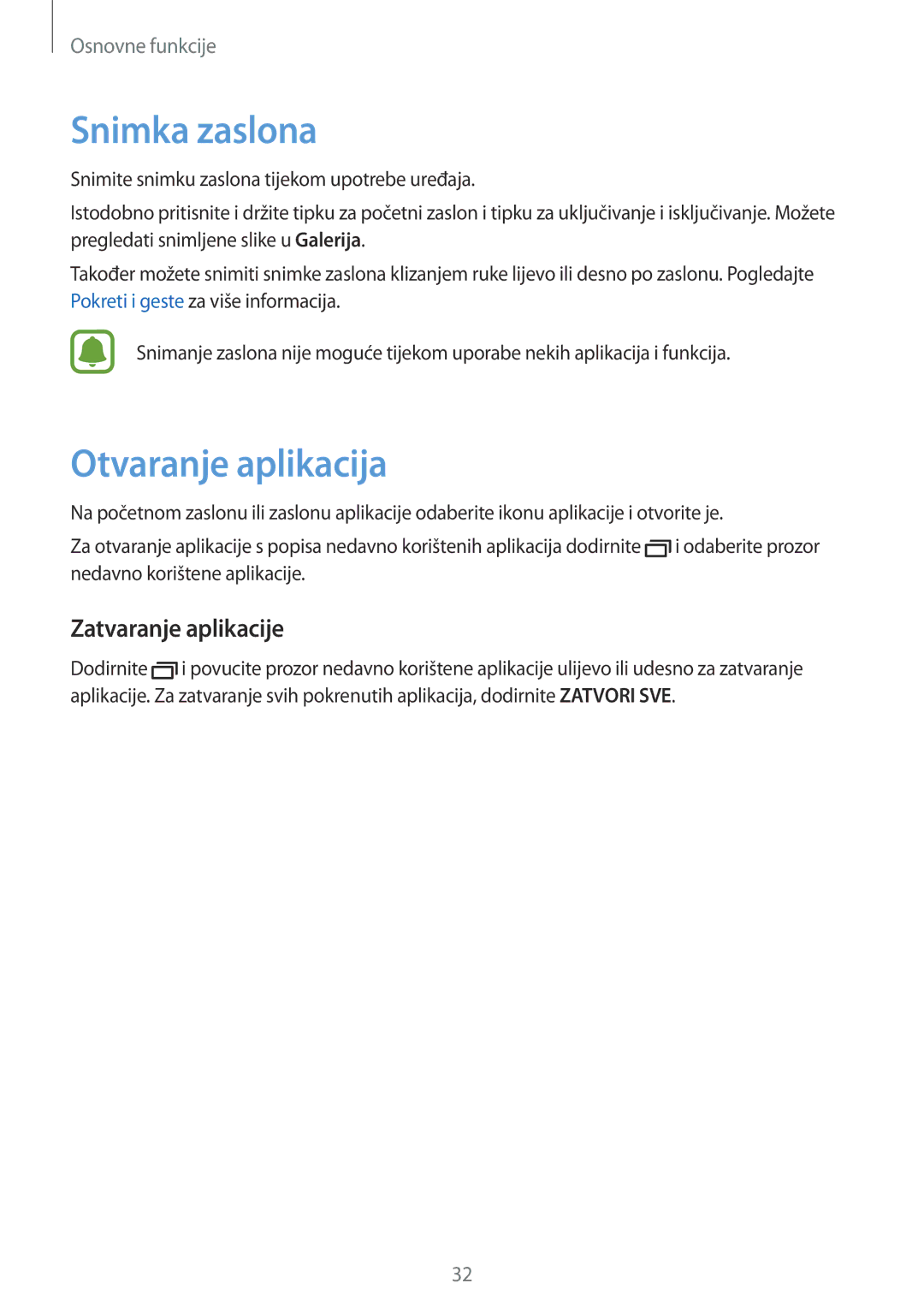 Samsung SM-A510FZKASEE manual Snimka zaslona, Otvaranje aplikacija, Zatvaranje aplikacije 