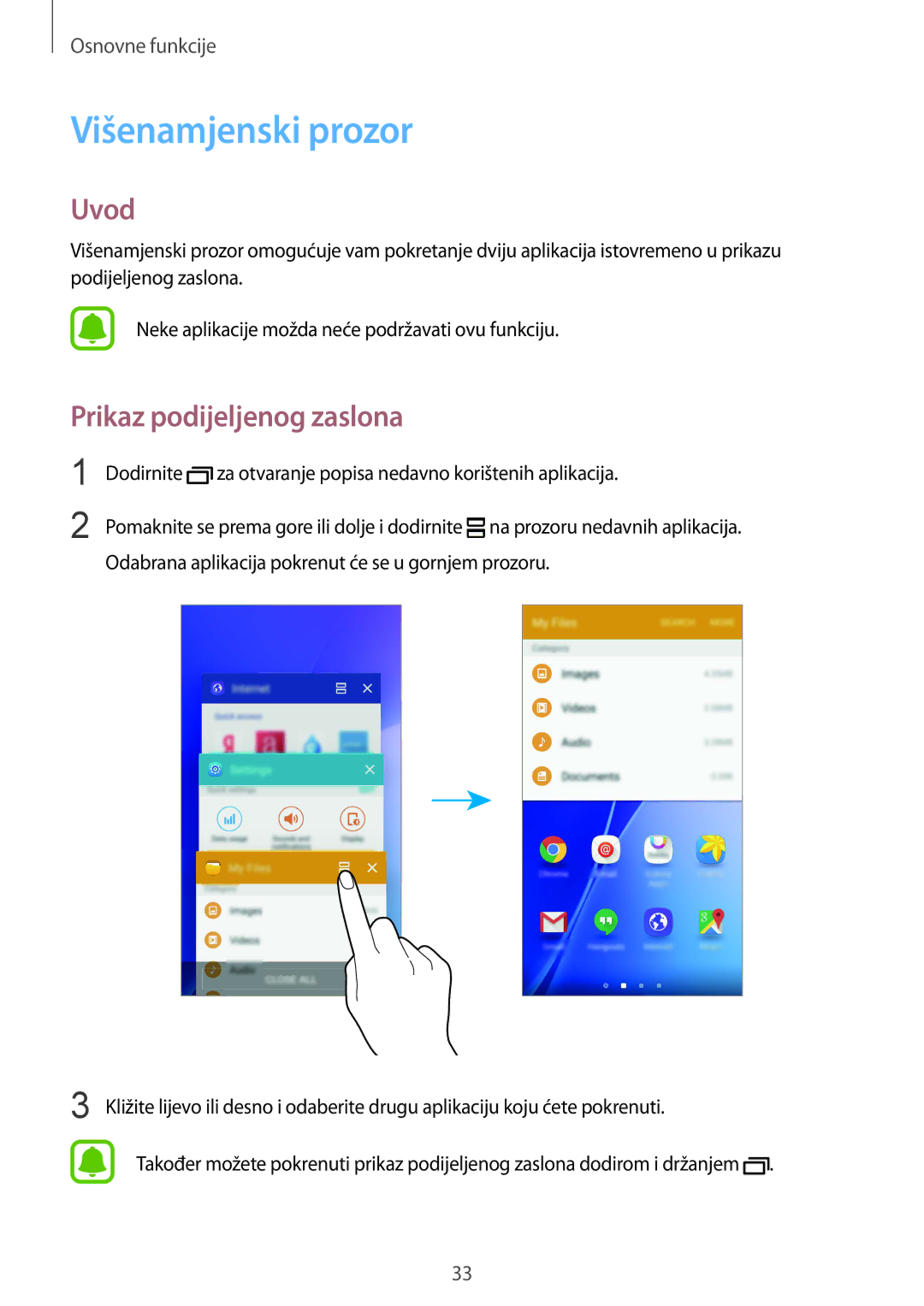 Samsung SM-A510FZKASEE manual Višenamjenski prozor, Uvod, Prikaz podijeljenog zaslona 