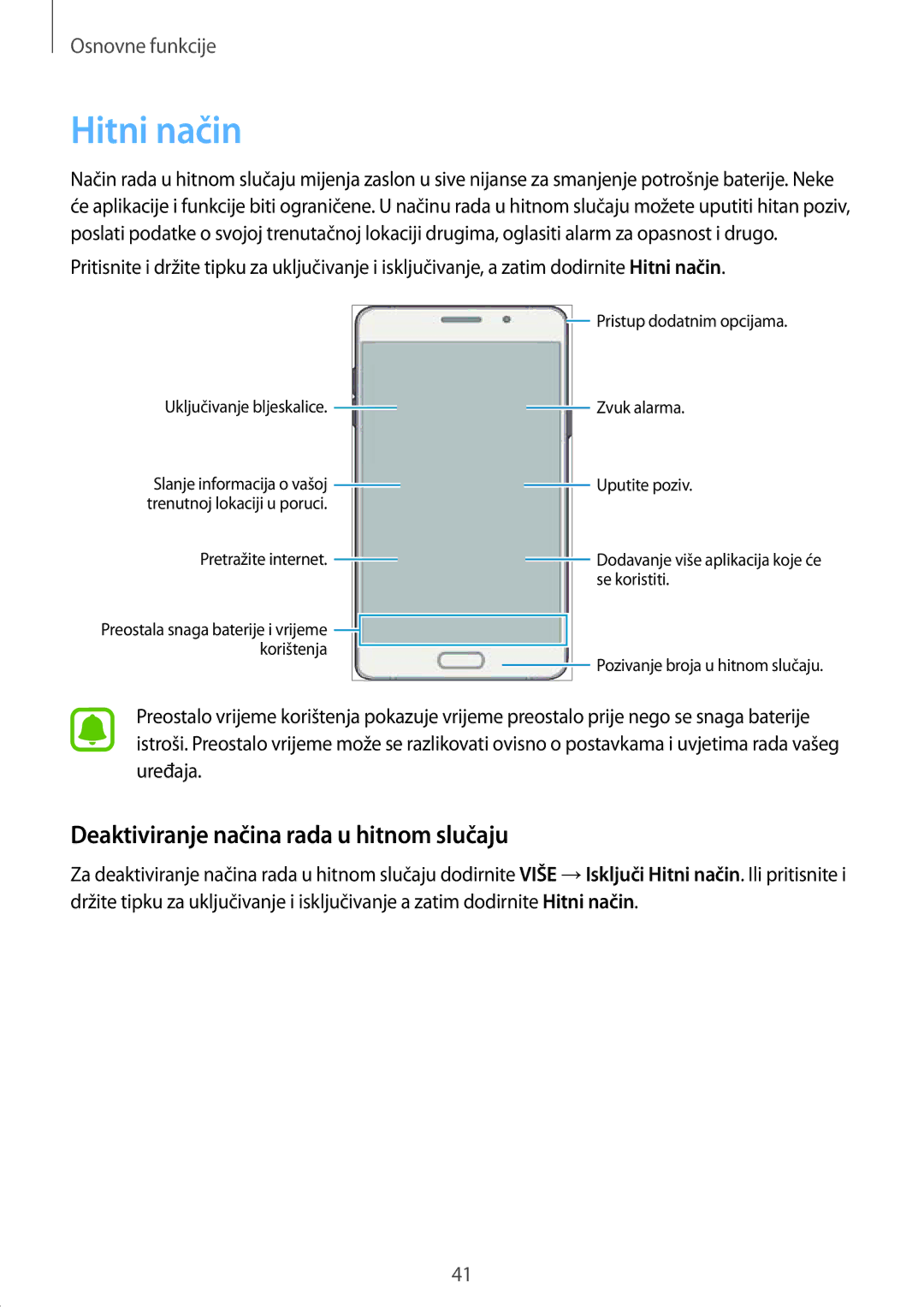 Samsung SM-A510FZKASEE manual Hitni način, Deaktiviranje načina rada u hitnom slučaju 