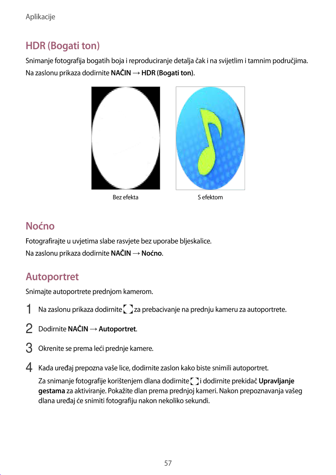 Samsung SM-A510FZKASEE manual HDR Bogati ton, Noćno, Dodirnite Način →Autoportret 