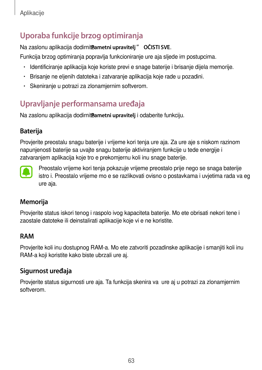 Samsung SM-A510FZKASEE manual Uporaba funkcije brzog optimiranja, Upravljanje performansama uređaja, Baterija, Memorija 