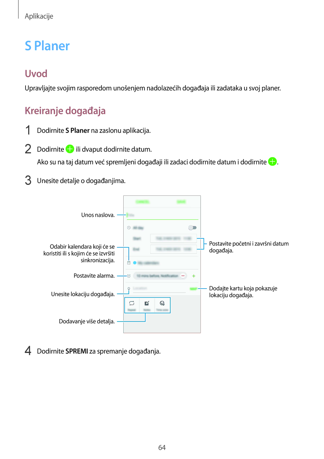 Samsung SM-A510FZKASEE manual Planer, Kreiranje događaja 