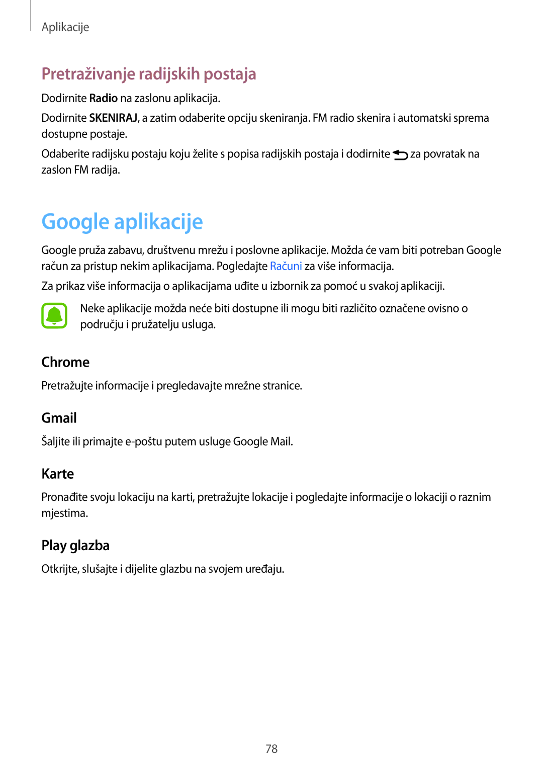 Samsung SM-A510FZKASEE manual Google aplikacije, Pretraživanje radijskih postaja 