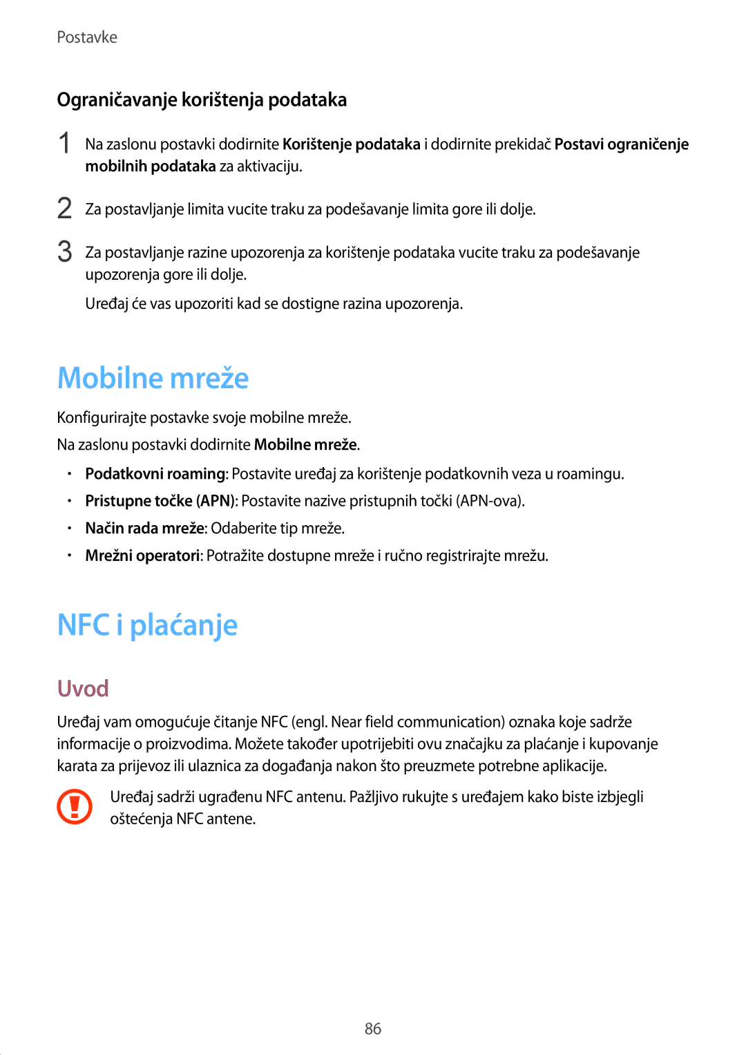 Samsung SM-A510FZKASEE manual Mobilne mreže, NFC i plaćanje, Ograničavanje korištenja podataka 