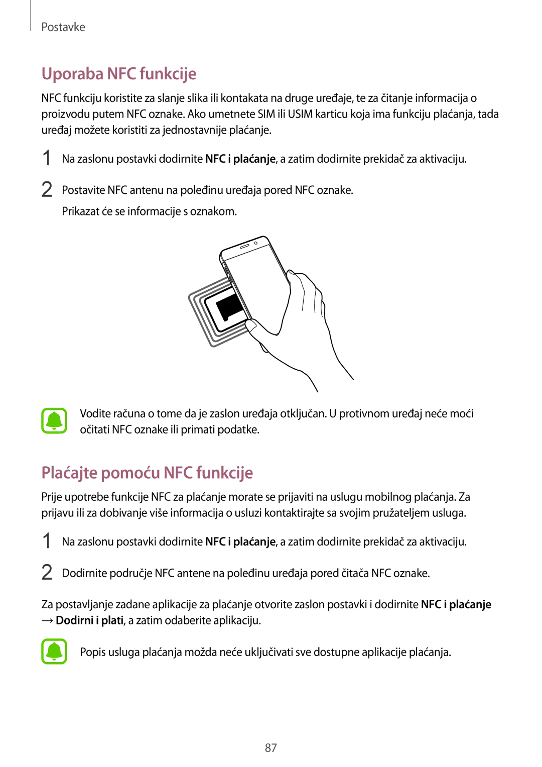 Samsung SM-A510FZKASEE manual Uporaba NFC funkcije, Plaćajte pomoću NFC funkcije 