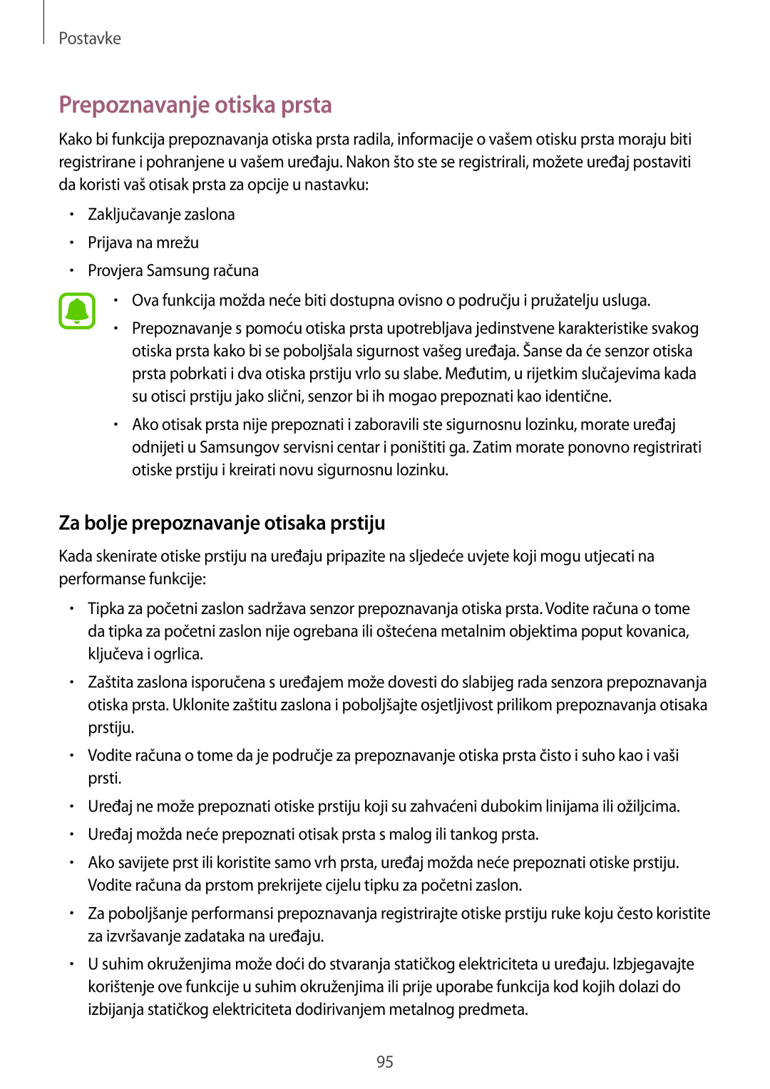 Samsung SM-A510FZKASEE manual Prepoznavanje otiska prsta, Za bolje prepoznavanje otisaka prstiju 