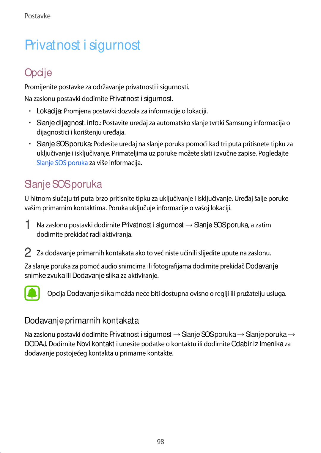 Samsung SM-A510FZKASEE manual Privatnost i sigurnost, Slanje SOS poruka, Dodavanje primarnih kontakata 