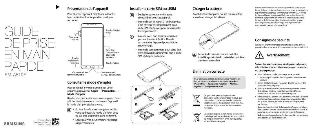 Samsung SM-A510FZDAXEF manual Présentation de l’appareil, Installer la carte SIM ou Usim, Charger la batterie 