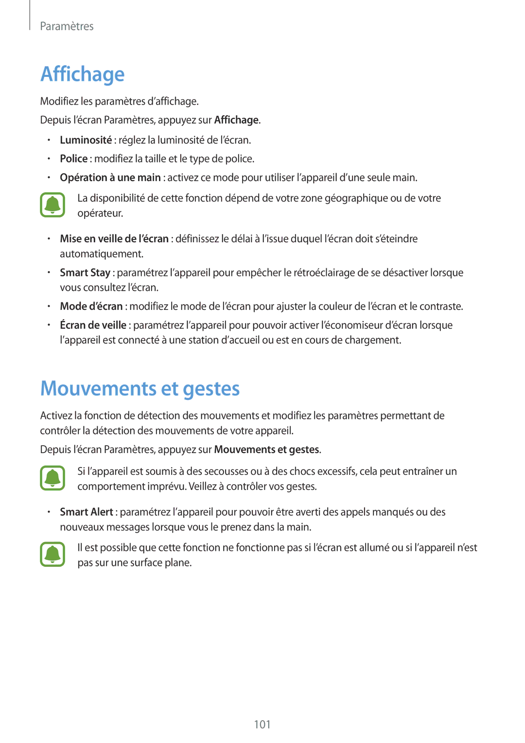 Samsung SM-A510FZDAXEF, SM-A510FZKAXEF, SM-A510FEDAXEF, SM-A510FZWAXEF manual Affichage, Mouvements et gestes 