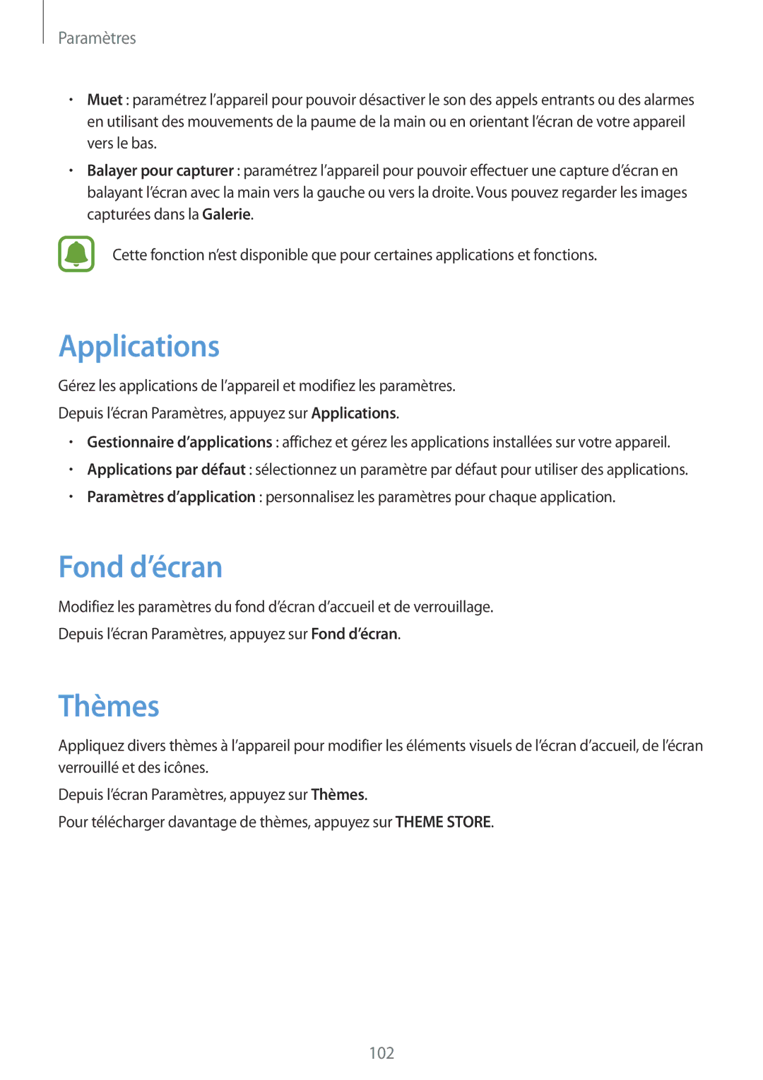 Samsung SM-A510FEDAXEF, SM-A510FZKAXEF, SM-A510FZDAXEF, SM-A510FZWAXEF manual Applications, Fond d’écran, Thèmes 