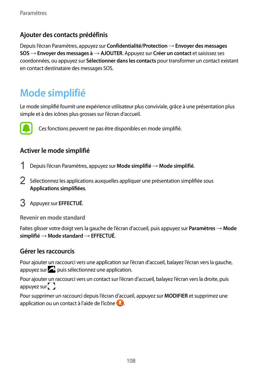 Samsung SM-A510FZKAXEF Mode simplifié, Ajouter des contacts prédéfinis, Activer le mode simplifié, Gérer les raccourcis 